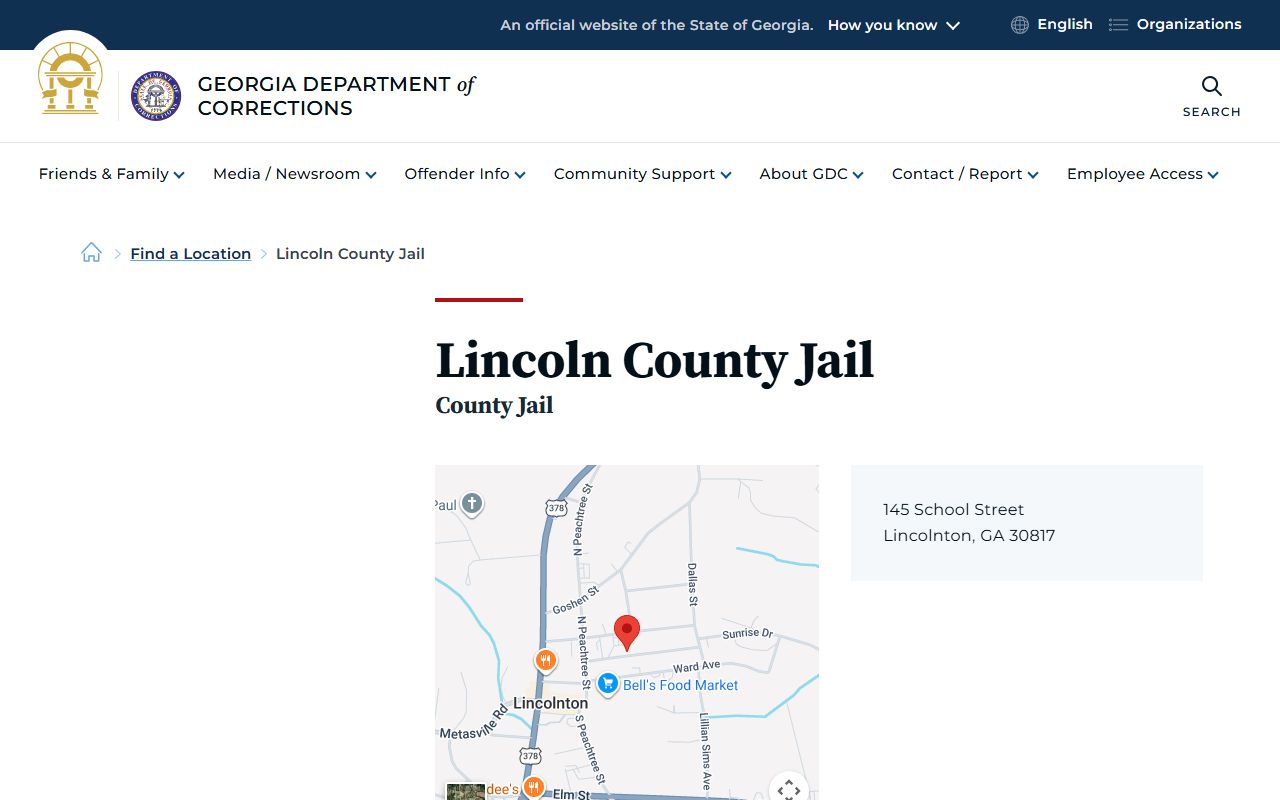 Georgia DOC Lincoln County Jail facility page for inmate population